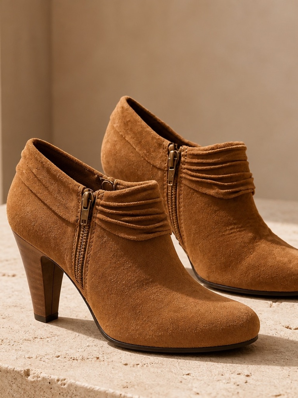 AEROSOLES Cognac Suede Ankle Booties with Side Zip